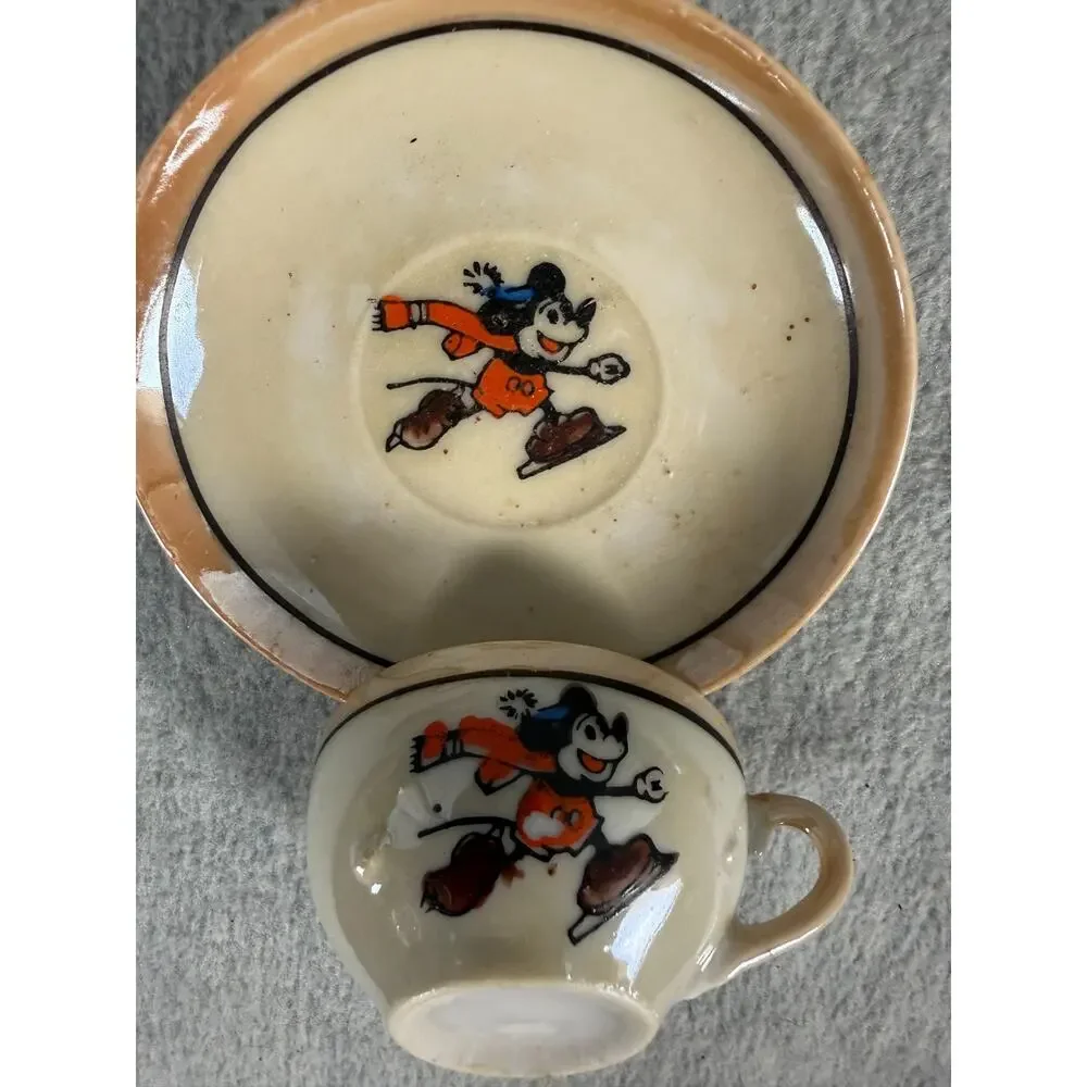 Vintage Lustreware Mickey Mouse Divided Plates for Child's Tea Set + Cups/Saucer